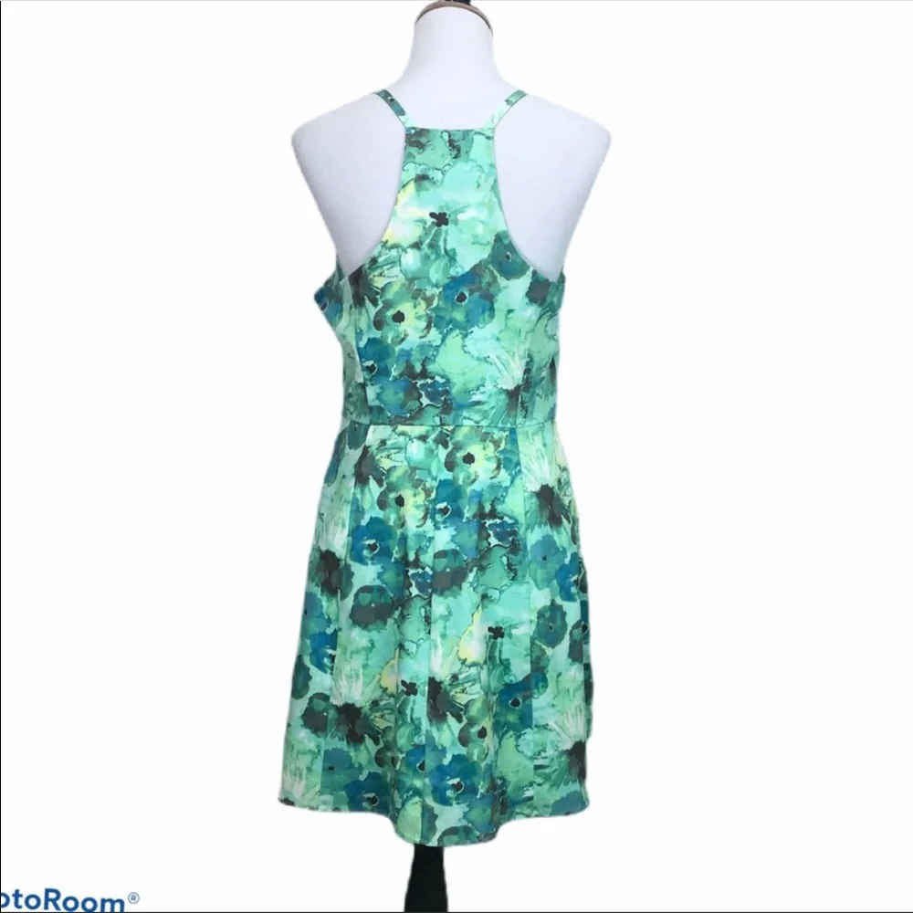 Candie's V neck side zip racer back green and blue floral print sundress